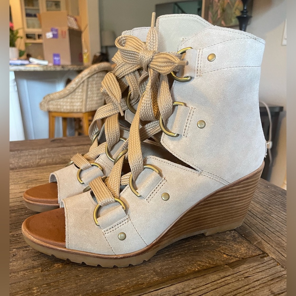 Sorel After Hours Lace Up Bootie Sandal Wedge Heel Oatmeal Women Sz 11 R…